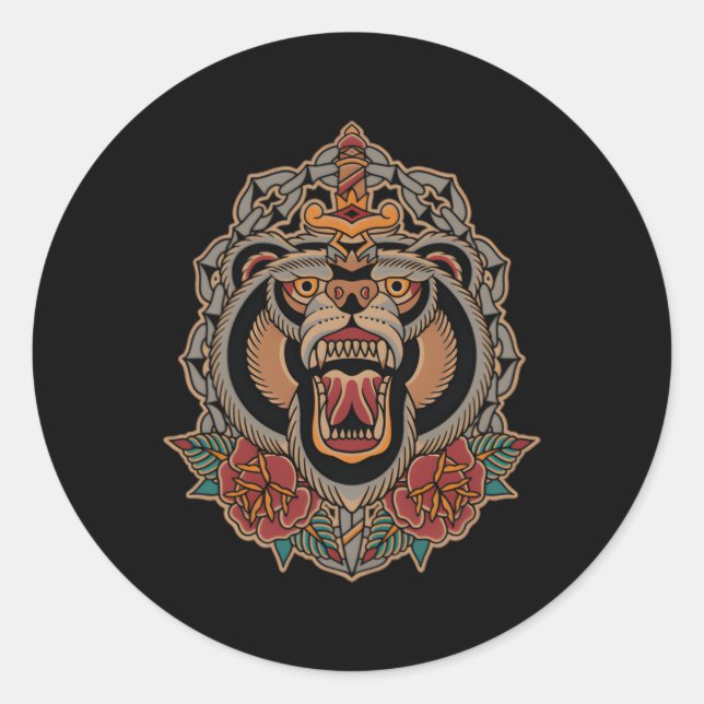 Adesivo Redondo American Traditional Tattoo Flash Bear Old School (Frente)
