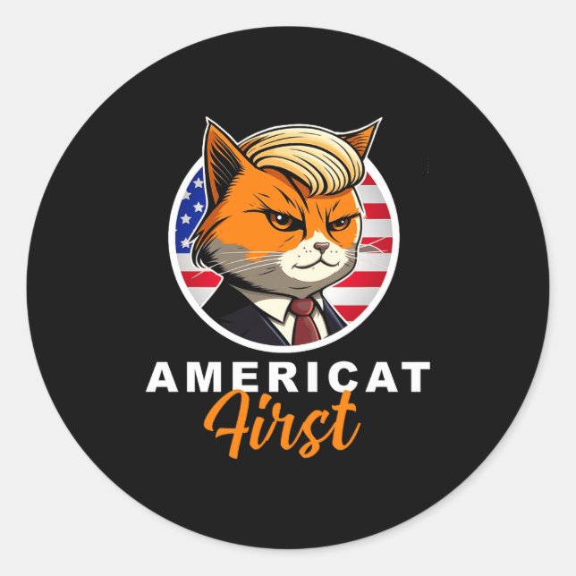 Adesivo Redondo Americat First Funny Patriot America Cats Presiden (Frente)