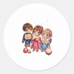 Adesivo Redondo • Amigos Chibi em Kimonos Segurando Sinais de Ano