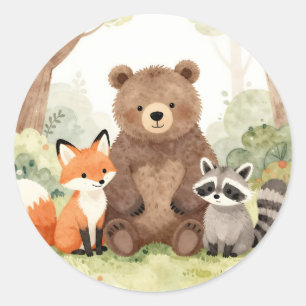 Adesivo Redondo Amigos da Floresta Fofos Urso Raposa Guaxinim Aqua