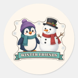 Adesivo Redondo Amigos de Inverno Pinguim e Boneco de Neve