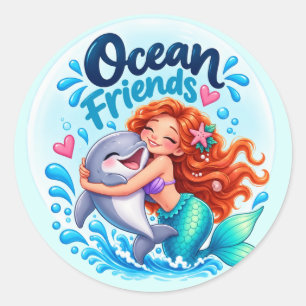 Adesivo Redondo Amigos do Oceano Sereia e Golfinho Clássico Adesiv