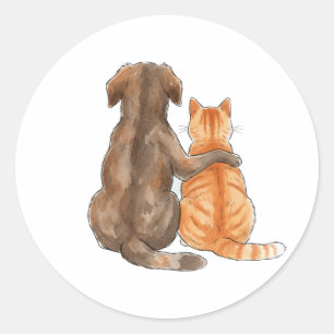 Adesivo Redondo Amizade de Cachorro e Gato Aquarela