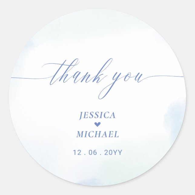 Adesivo Redondo Amor | Blue Heart & Watercolor Wedt Obrigado (Frente)