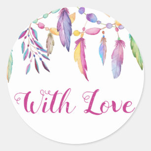 Adesivo Redondo Amor Boho Aquarela Pena Casamento Indiano