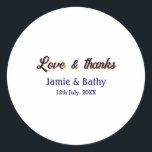 Adesivo Redondo Amor e agradecimento casal nome data roxo laranja<br><div class="desc">Design</div>