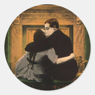 Adesivo Redondo Amor e Romance Vintage, Beijo na Lareira Romântica