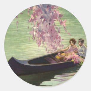 Adesivo Redondo Amor e Romance Vintage, Romântico Passeio de Canoa