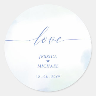 Adesivo Redondo Amor | Favor de Casamento Coração Azul e Aquarela