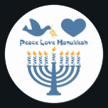 Adesivo Redondo Amor Hanukkah da paz<br><div class="desc">Festival do design de Hanukkah das luzes que diz o AMOR HANUKKAH da PAZ com uma pomba e um ramo de oliveira, coração e menorah iluminado. Original de PinkInkArt!</div>