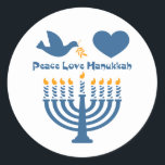 Adesivo Redondo Amor Hanukkah da paz<br><div class="desc">Festival do design de Hanukkah das luzes que diz o AMOR HANUKKAH da PAZ com uma pomba e um ramo de oliveira,  coração e menorah iluminado. Original de PinkInkArt!</div>