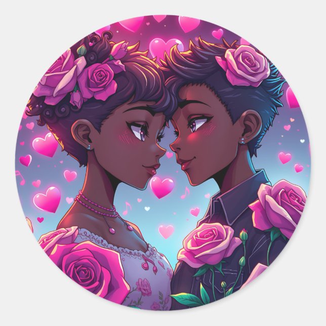 Adesivo Redondo Amor LGBT | Casal Africano-Americano de Animes (Frente)