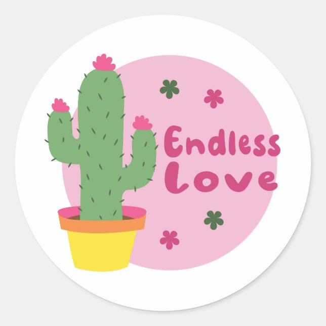 Adesivo Redondo Amor Sem Fim Cactus Verde Kawaii Com Texto Rosa (Frente)