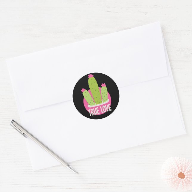 Adesivo Redondo Amor verdadeiro Kawaii cactus verde e rosa (Envelope)