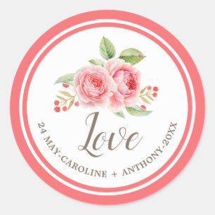 Adesivo Redondo Amor. Vinhetas de Casamento de Rosas de Aquarelas
