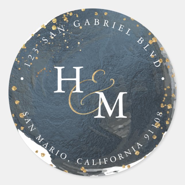 Adesivo Redondo Ampersand de Script Dourado Faux Azul Slate (Frente)