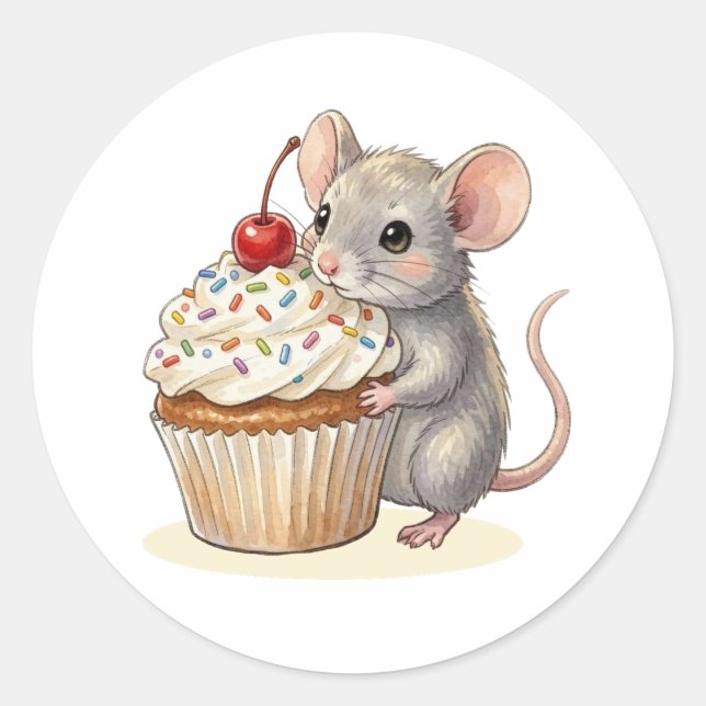 Adesivo Redondo An Adorable Birthday Mouse with Cupcake (Frente)