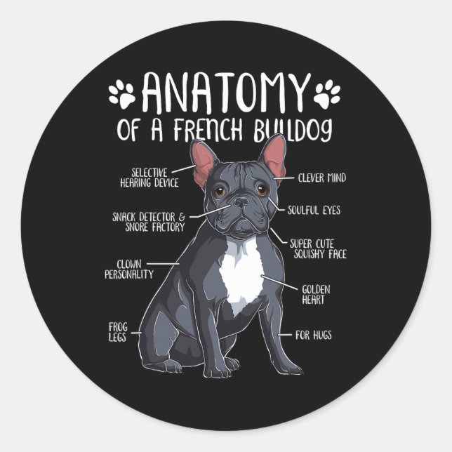 Adesivo Redondo Anatomia do Bulldog Francês Cachorro Francês Propr (Frente)