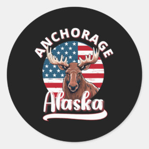 Adesivo Redondo Anchorage Alaska Moose Exibindo Bandeira do Alasca