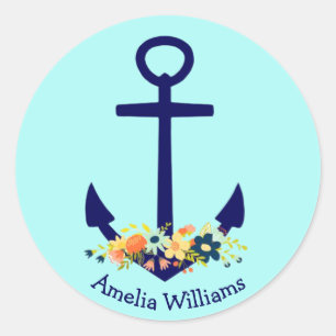 Adesivo Redondo âncora azul com buquê floral