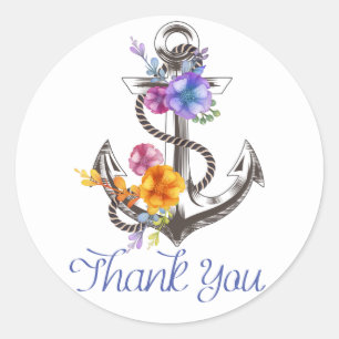 Adesivo Redondo Âncora de Barco Obrigado Náutico Floral Azul