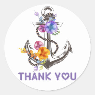 Adesivo Redondo Âncora de Barco Obrigado Náutico Floral Roxo