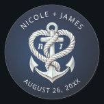 Adesivo Redondo Âncora de Corda do Coração Náutico Casamento Naval<br><div class="desc">personalizar com qualquer texto.</div>