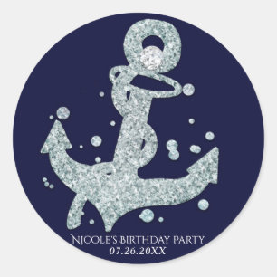 Adesivo Redondo Âncora de Diamante Náutico Brilho Glam Festa de Pr
