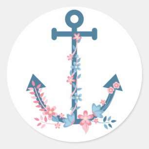 Adesivo Redondo Âncora de Navio Floral Rosa e Azul Náutico