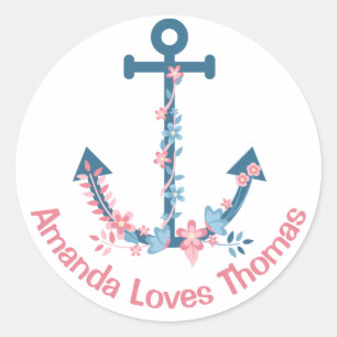 Adesivo Redondo Âncora de Navio Náutico Rosa Azul Personalizado