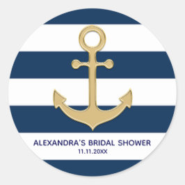 Adesivo Redondo Âncora Dourada de Stripes Brancas Azuis Marinhos N
