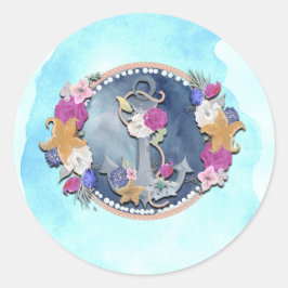 Adesivo Redondo Âncora Floral Náutica Moderna Aquarela Azul