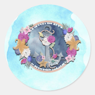 Adesivo Redondo Âncora Floral Náutica Moderna Aquarela Azul