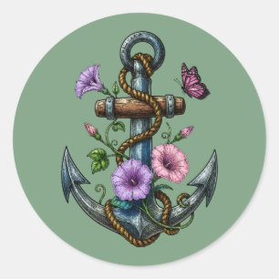 Adesivo Redondo Âncora Floral Vintage Glória da Manhã Borboleta Il