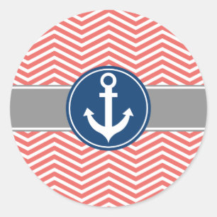 Adesivo Redondo Âncora náutica coral Chevron