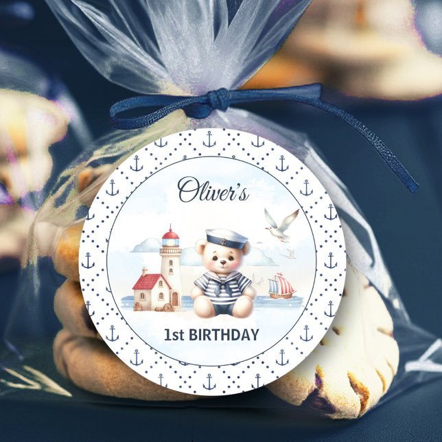 Adesivo Redondo Âncora primeiro aniversario do Urso do Marinheiro  (Nautical Sailor Bear 1st Birthday Anchor Classic Round Sticker)