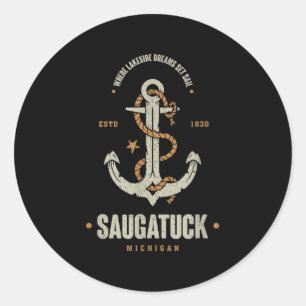 Adesivo Redondo Âncora Retro Vintage Saugatuck Michigan Navegação 