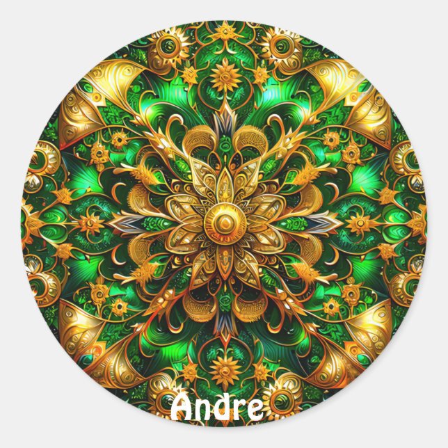 Adesivo Redondo ANDRE ~ Verde brilhante e Dourado Natal ~ (Frente)