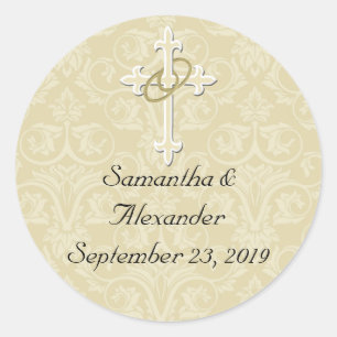 Adesivo Redondo Anéis dourados com cruz, selo cristão do envelop