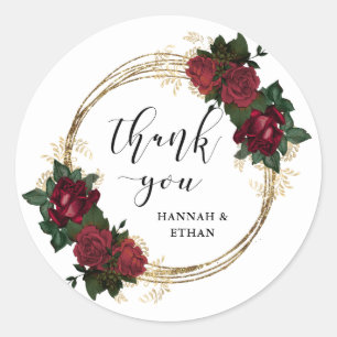 Adesivo Redondo Anéis Dourados e Rosas vermelhas   Obrigado
