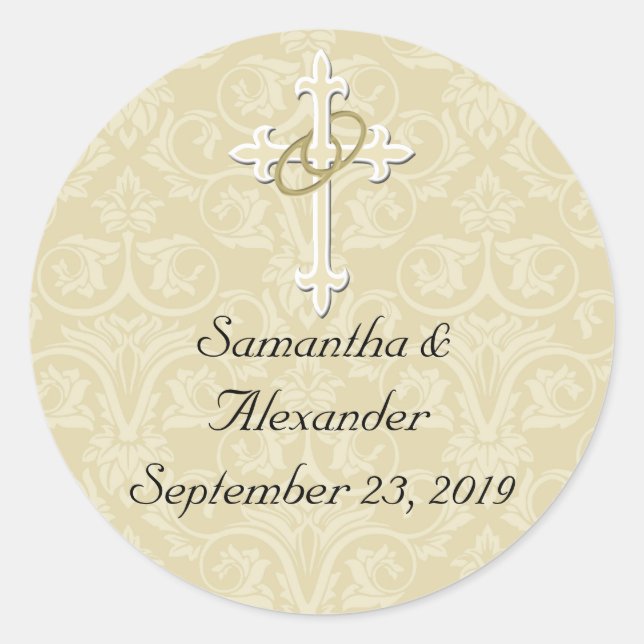 Adesivo Redondo Anéis ouros com cruz, selagem de envelopes cristão (Frente)