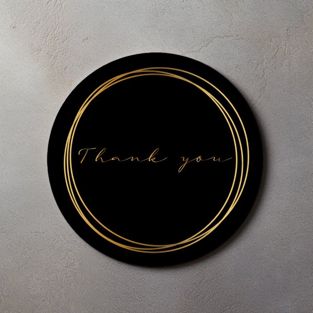 Adesivo Redondo Anéis pretos e dourados Agradecimento Moderno Eleg (Black round thank you sticker with gold script and double circle frame)