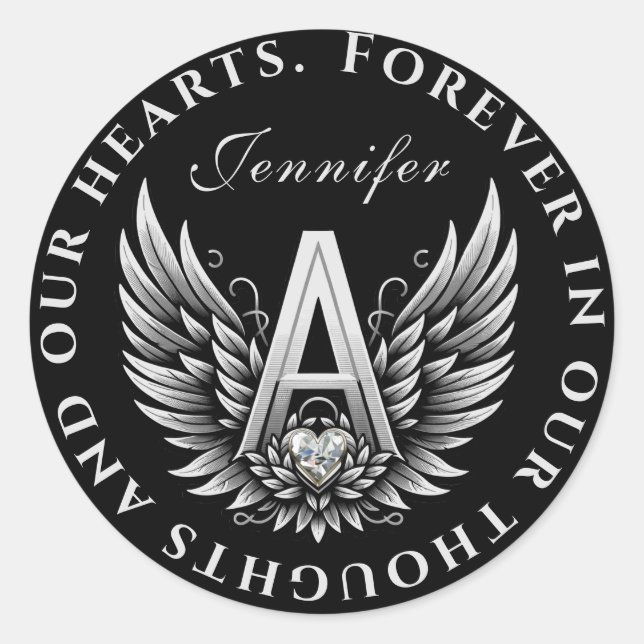 Adesivo Redondo Angel Alphabet A Letra Inicial com Nome (Frente)