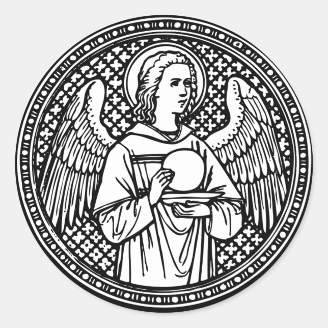 Adesivo Redondo Angel Black and White com católico religioso anfit (Frente)