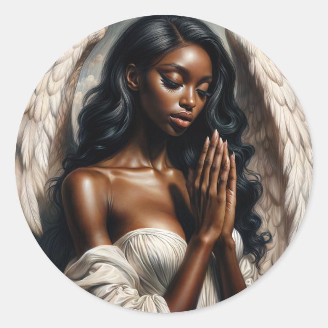Adesivo Redondo Angel Black Woman Rezando Pintura (Frente)