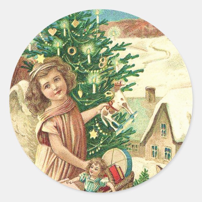 Adesivo Redondo Angel bringing Christmas gifts and presents (Frente)