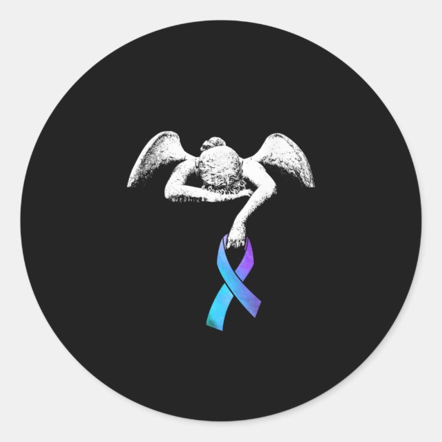 Adesivo Redondo Angel Detém Teal Purple Ribbon Prevenção Suicídio (Frente)