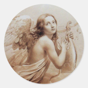 ADESIVO REDONDO ANGEL JOGANDO LYRA SOBRE AS NUVENS
