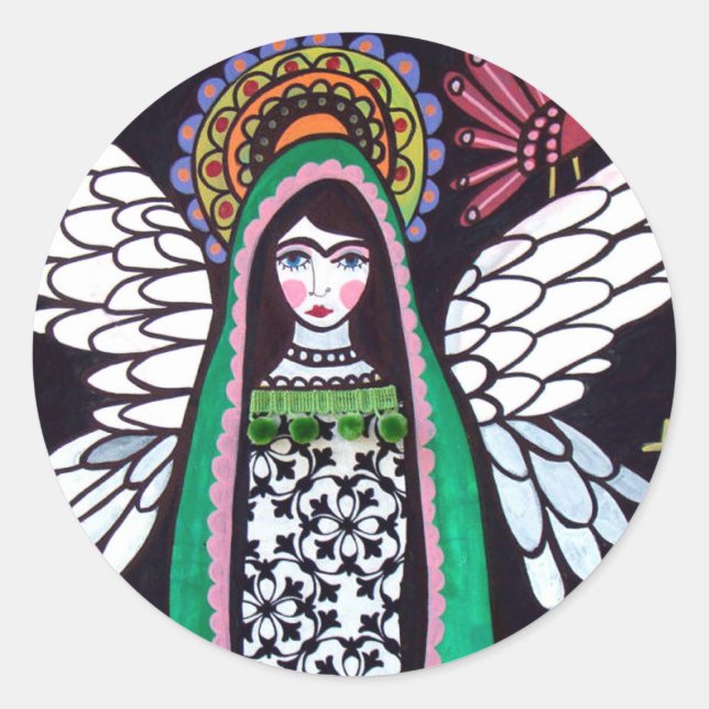Adesivo Redondo Angel Virgin de Guadalupe Art por Heather Galler (Frente)