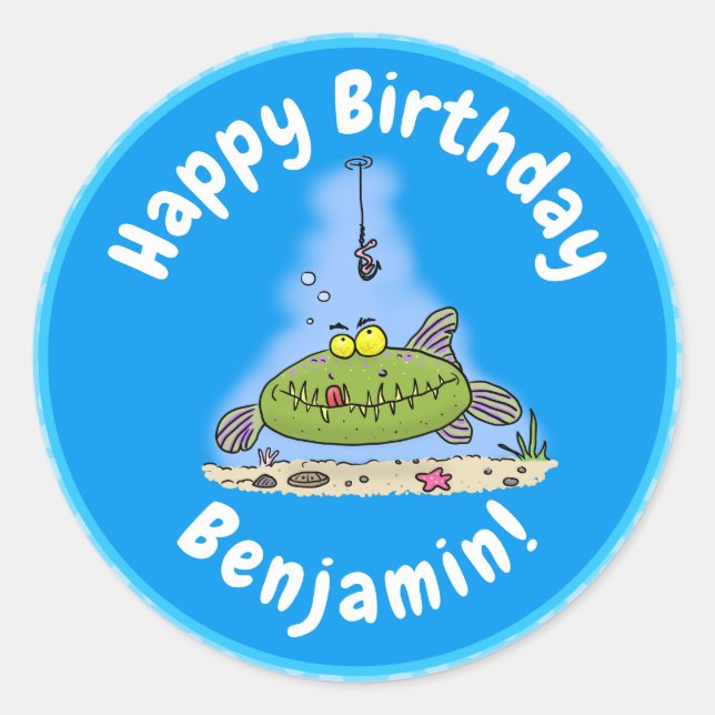 Adesivo Redondo Animação de peixe verde esfomeado e gordo (Frente)